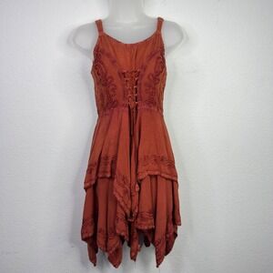 Lapogee Dress Womens OS Orange Tiered Ruffle Lace-Up Fairy Milkmaid Boho Cottage